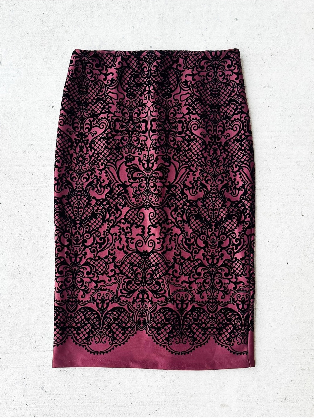 Eci New York Burgundy Black Lace Damask Velvet Pencil Skirt